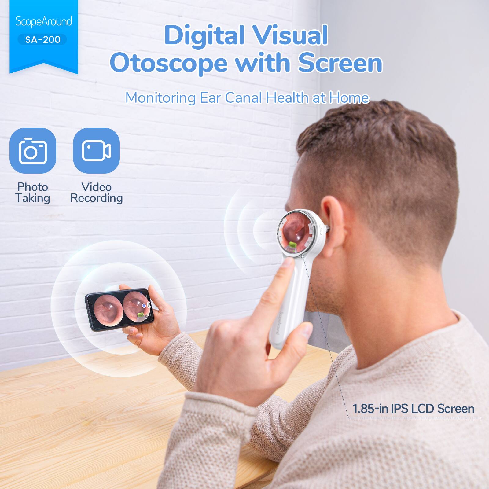ScopeAround SA-200 Digital Visual Otoscope with Screen Monitoring Ear Canal Health at Home Photo Video Taking Recording 1.85-in IPS LCD Screen