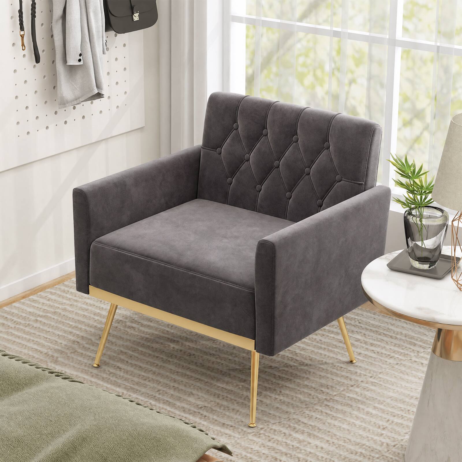 Alt View 3. Costway - Costway Mid-century Upholstered Accent Chair with Button Tufted Back, Golden Metal Legs - Gray.