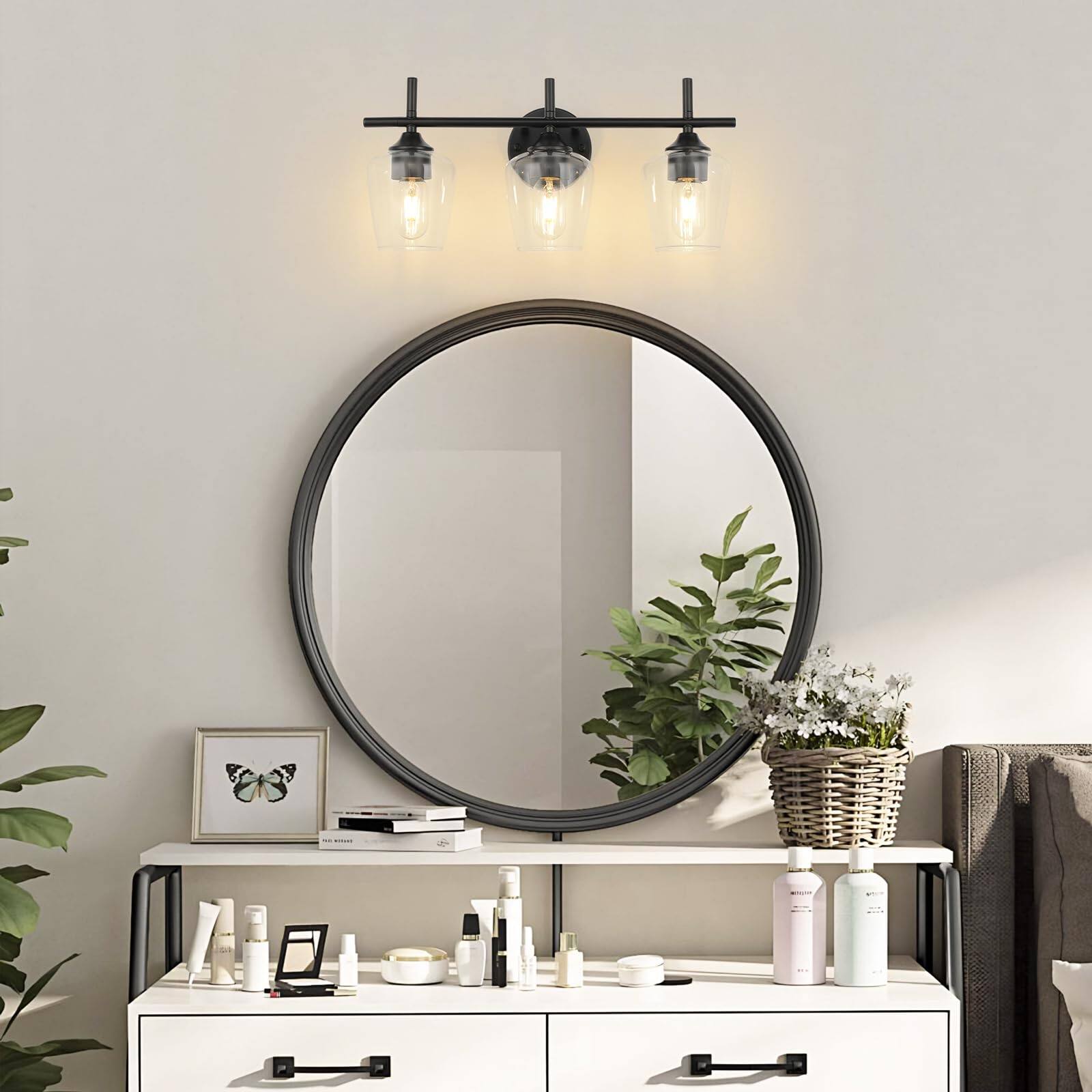 Left. Dazzling Pops - Bathroom Vanity Light Fixtures Lights Over Mirror Modern Lighting With Clear Glass Shade Wall Lamp For Bedr - Black 3 - Light.