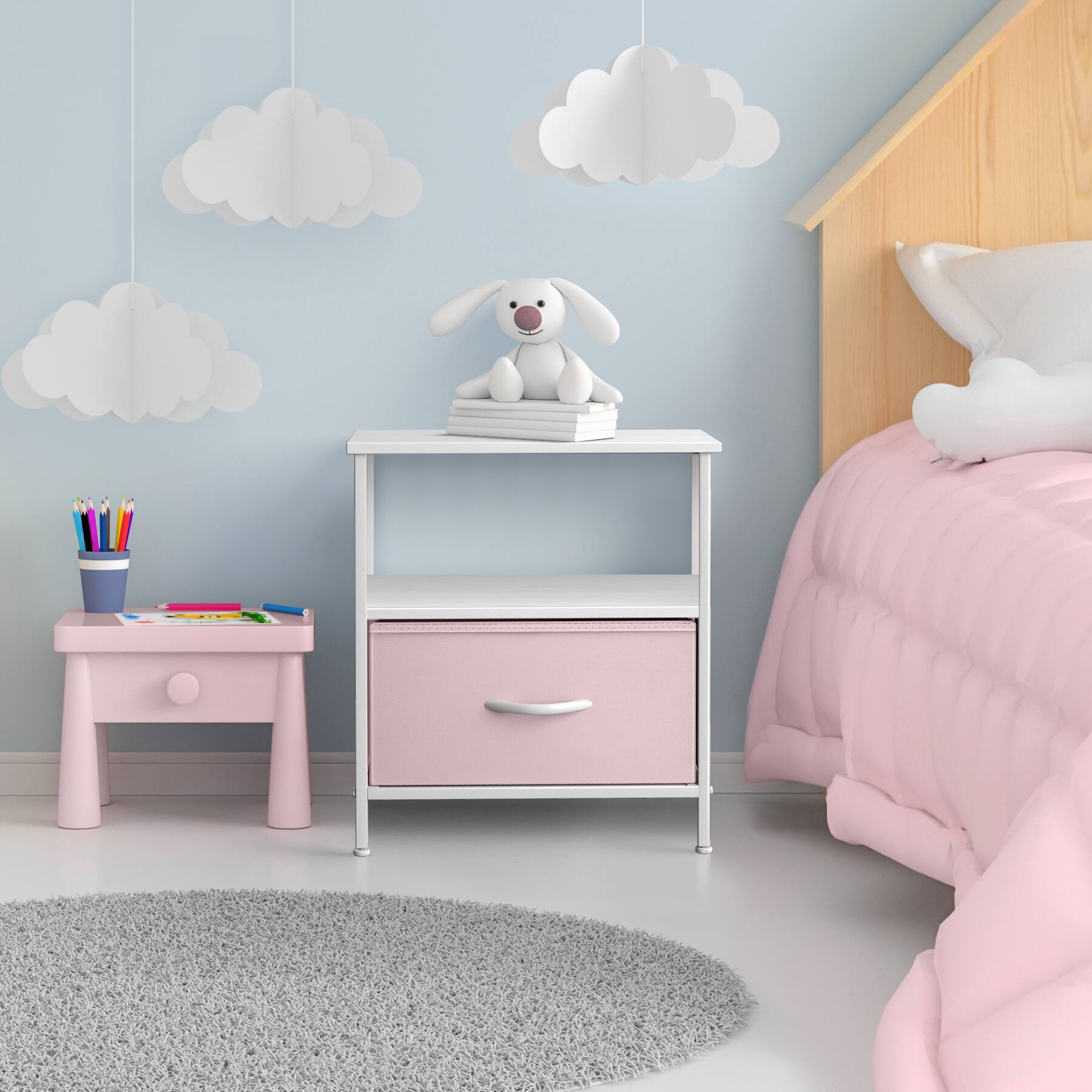 Alt View 5. Sorbus - Sorbus Nightstand 1-Drawer Shelf Storage, Bedside Furniture & Chest Dresser with Steel Frame, Wood Top & Fabric Bins - Pink.