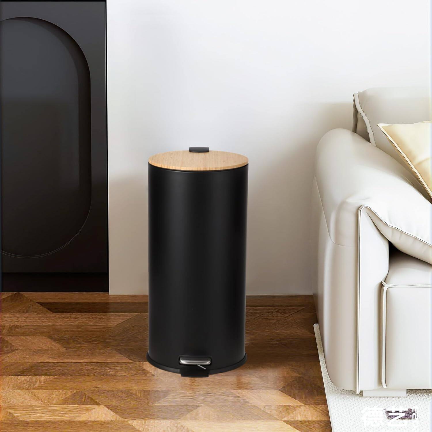 Alt View 1. Jojoka - 8 Gallon Black Stainless Steel Trash Can with Bamboo Soft-Close Lid, Step Pedal & Removable Inner Bucket - Black.