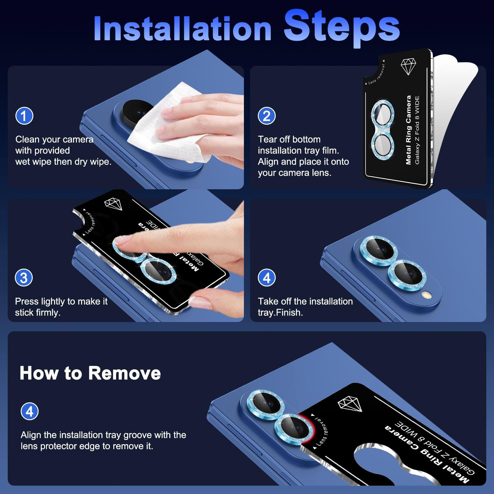 Installation Steps

1. Clean your camera with provided wet wipe then dry wipe.
2. Tear off bottom installation tray film. Align and place it onto your camera lens.
3. Press lightly to make it stick firmly.
4. Take off the installation tray. Finish.

How to Remove

4. Align the installation tray groove with the lens protector edge to remove it.