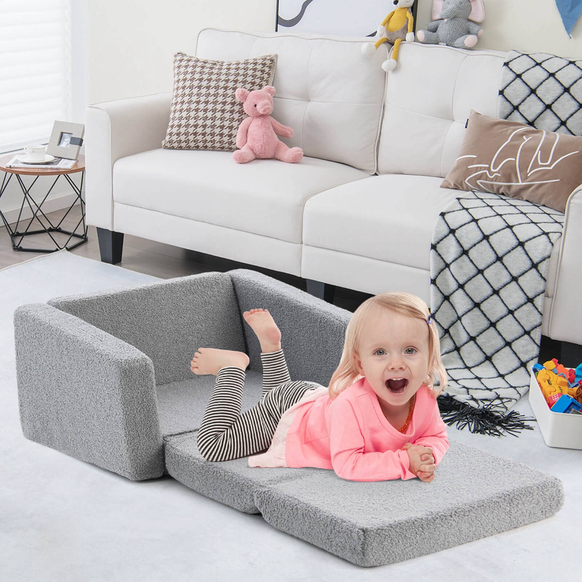 Alt View 3. Costway - Costway 2-in-1 Toddler Fold out Couch Children's Convertible Sofa to Lounger - Grey.