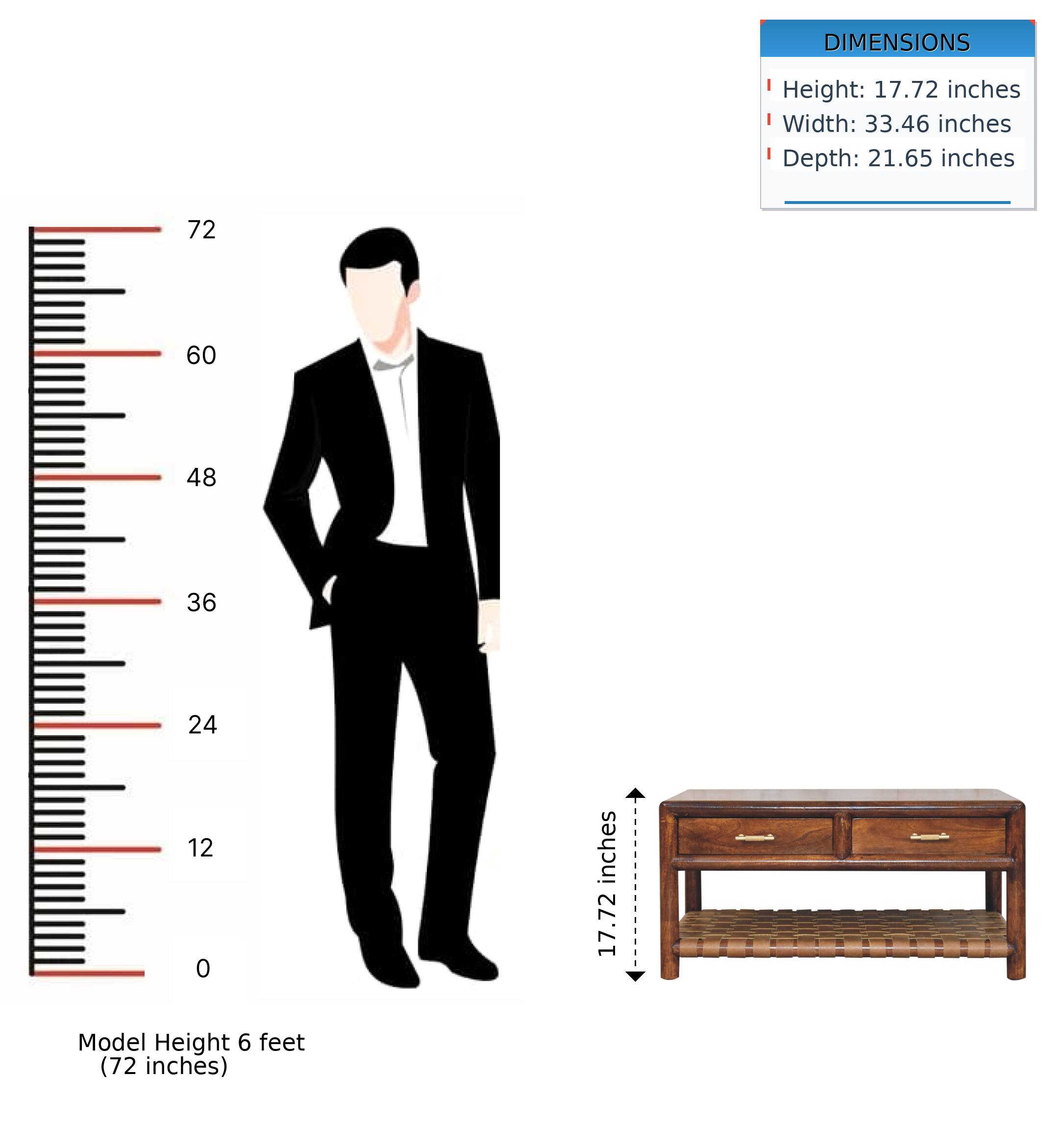 DIMENSIONS  
Height: 17.72 inches  
Width: 33.46 inches  
Depth: 21.65 inches  

Model Height 6 feet (72 inches)