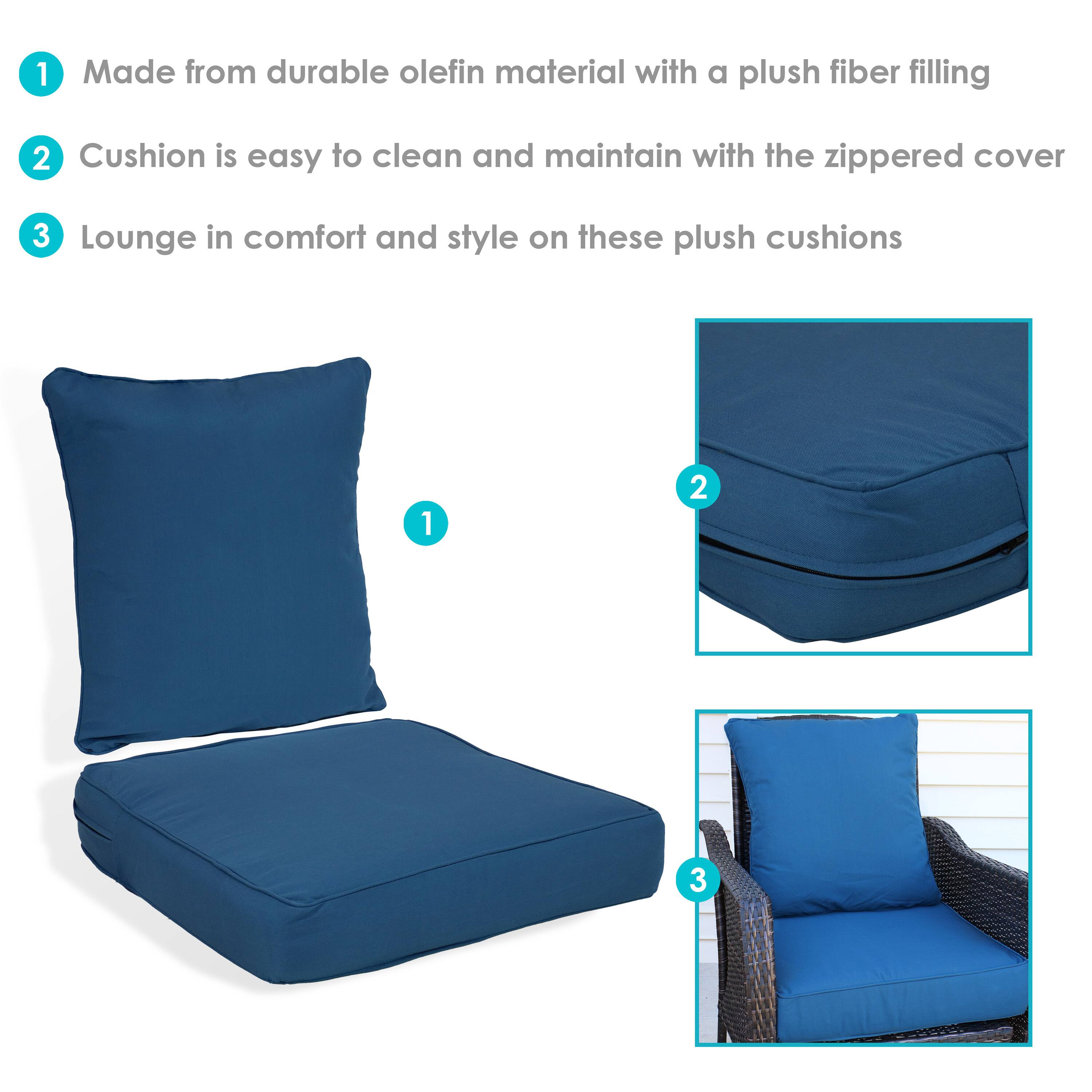 1. Made from durable olefin material with a plush fiber filling  
2. Cushion is easy to clean and maintain with the zippered cover  
3. Lounge in comfort and style on these plush cushions