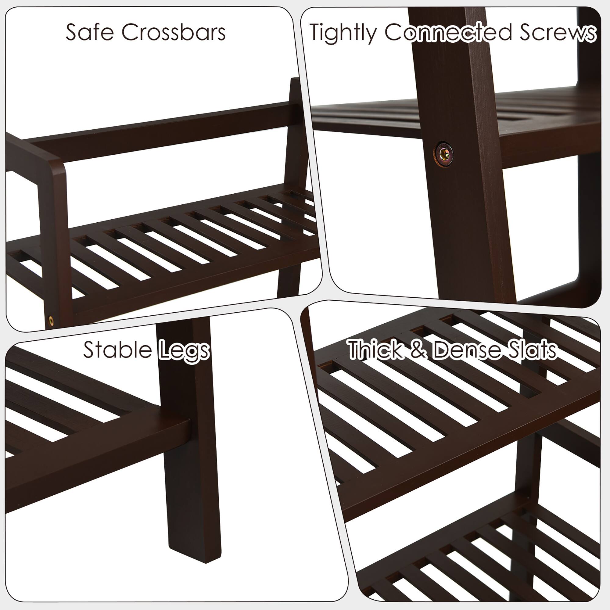 The text on the image is grouped as follows:

1. Safe Crossbars: This refers to the crossbars on the bench, which provide support and stability.
2. Tightly Connected Screws: This refers to the screws that hold the bench together, ensuring a secure and stable structure.
3. Stable Legs: This refers to the legs of the bench, which provide support and stability to the structure.
4. Thick & Dense Slats: This refers to the slats on the bench, which provide strength and durability to the structure.