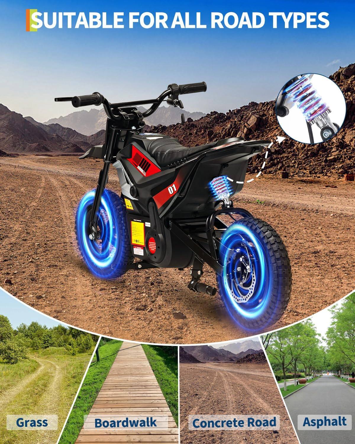 SUITABLE FOR ALL ROAD TYPES

Grass  
Boardwalk  
Concrete Road  
Asphalt