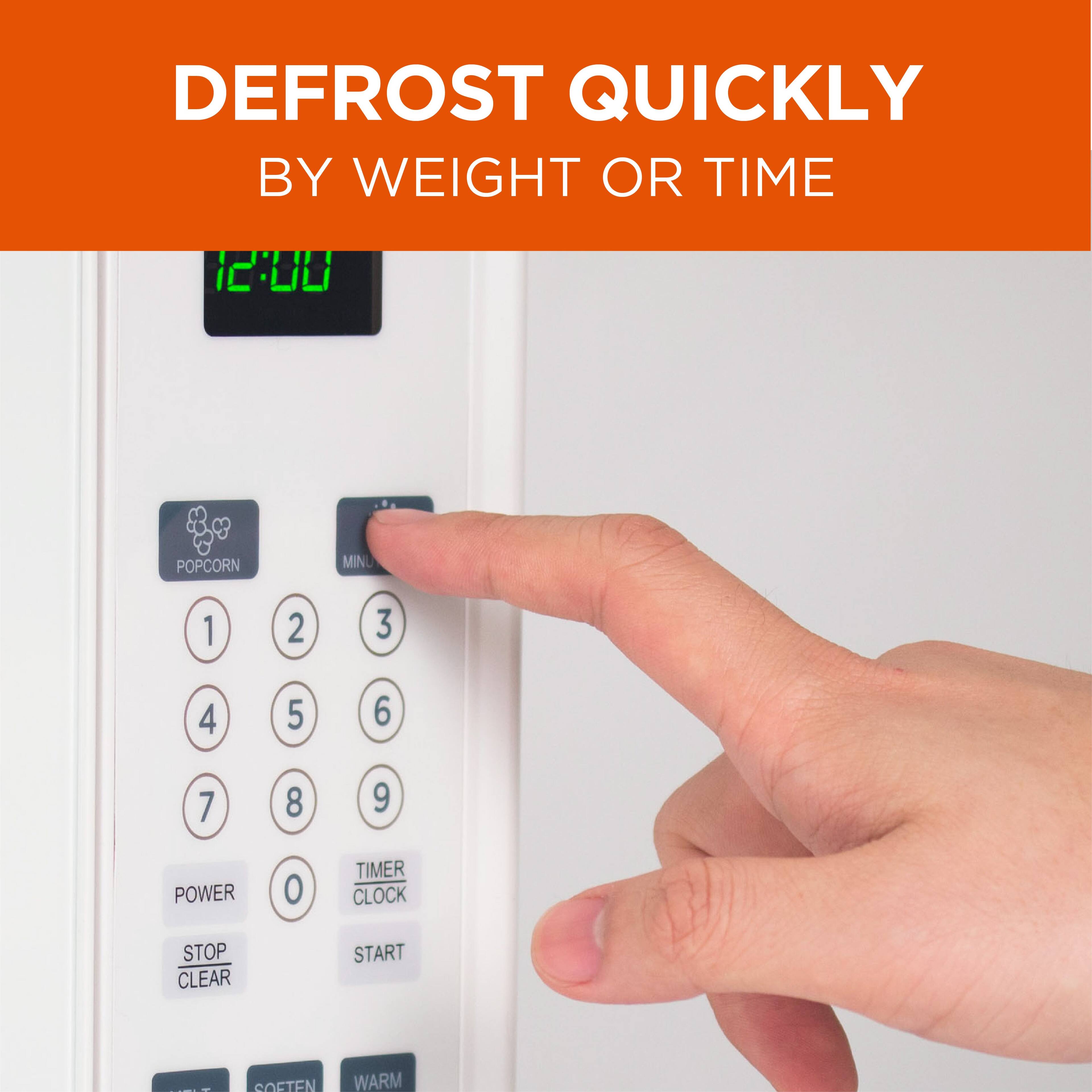 DEFROST QUICKLY BY WEIGHT OR TIME
12:00
POPCORN
MINU
1 2 3 4 5 6 7 8 9
POWER
0
TIMER CLOCK
STOP CLEAR
START
SOFTEN WARM