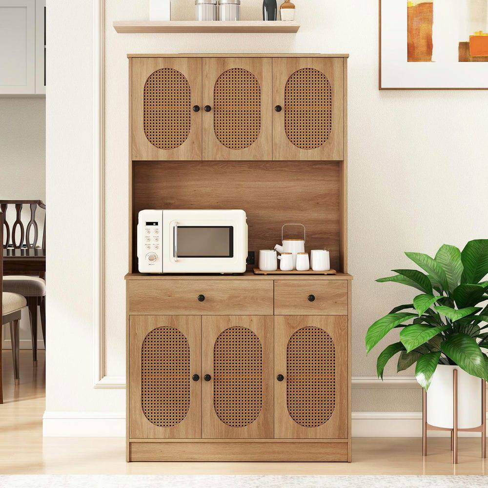 Alt View 3. Kadyn - 71" Pantry Cabinet with Open Hutch Top and Built-In Charging Station, Natural - Brown.