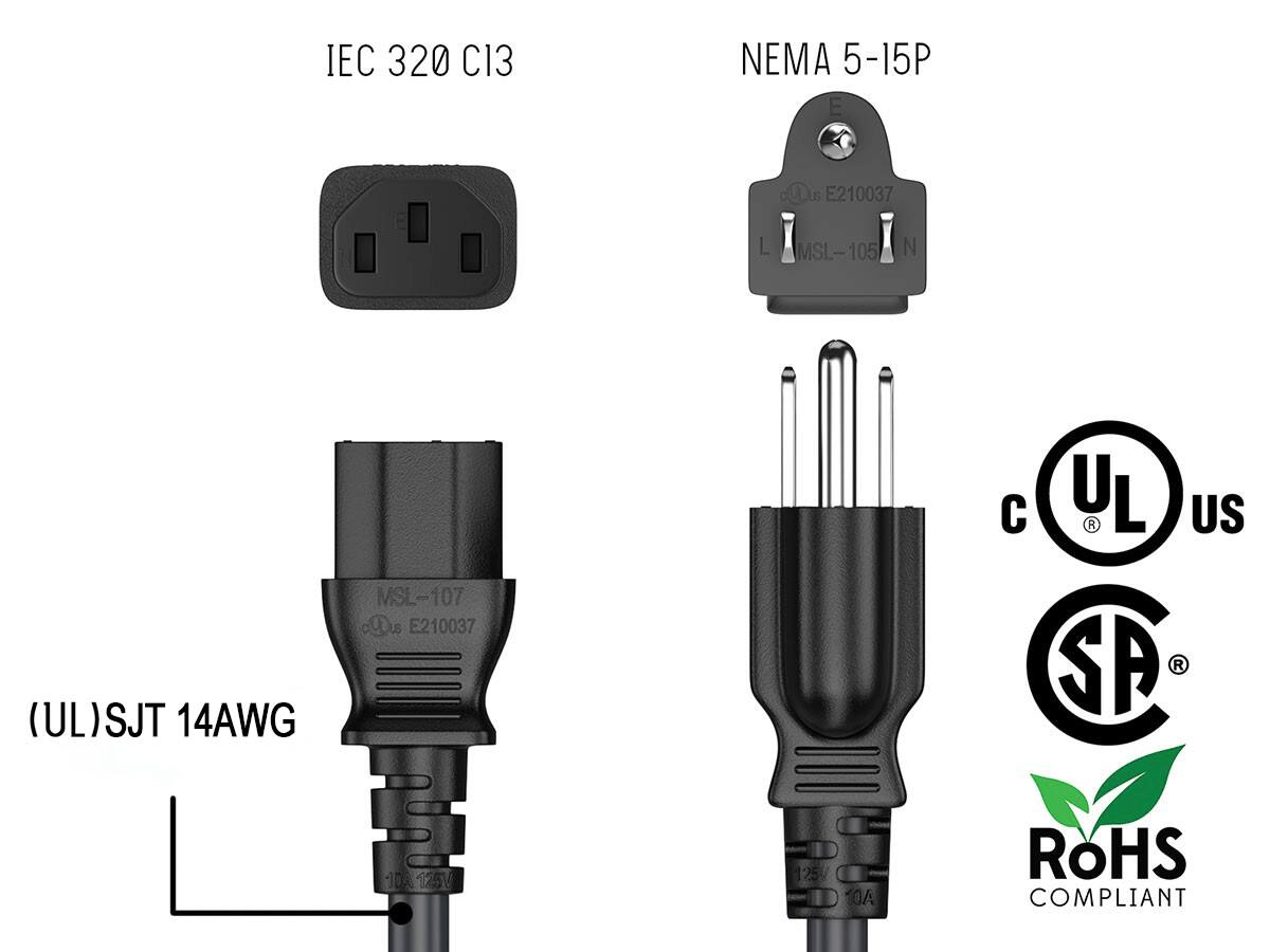 Cable Leader 14 AWG Shielded Computer Power Cord Replacement, 3 Prong ...