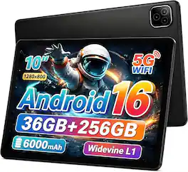 URAO - Android 16 Tablet 10.1'' 36GB(6+30) RAM 256GB ROM Widevine L1 WiFi 5/8MP Camera - Black