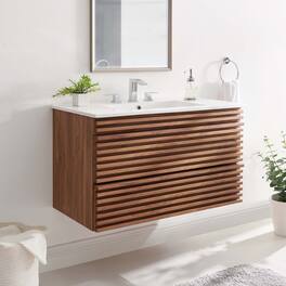 Modway - Render Wall-Mount Bathroom Vanity with White Basin Included - Walnut White