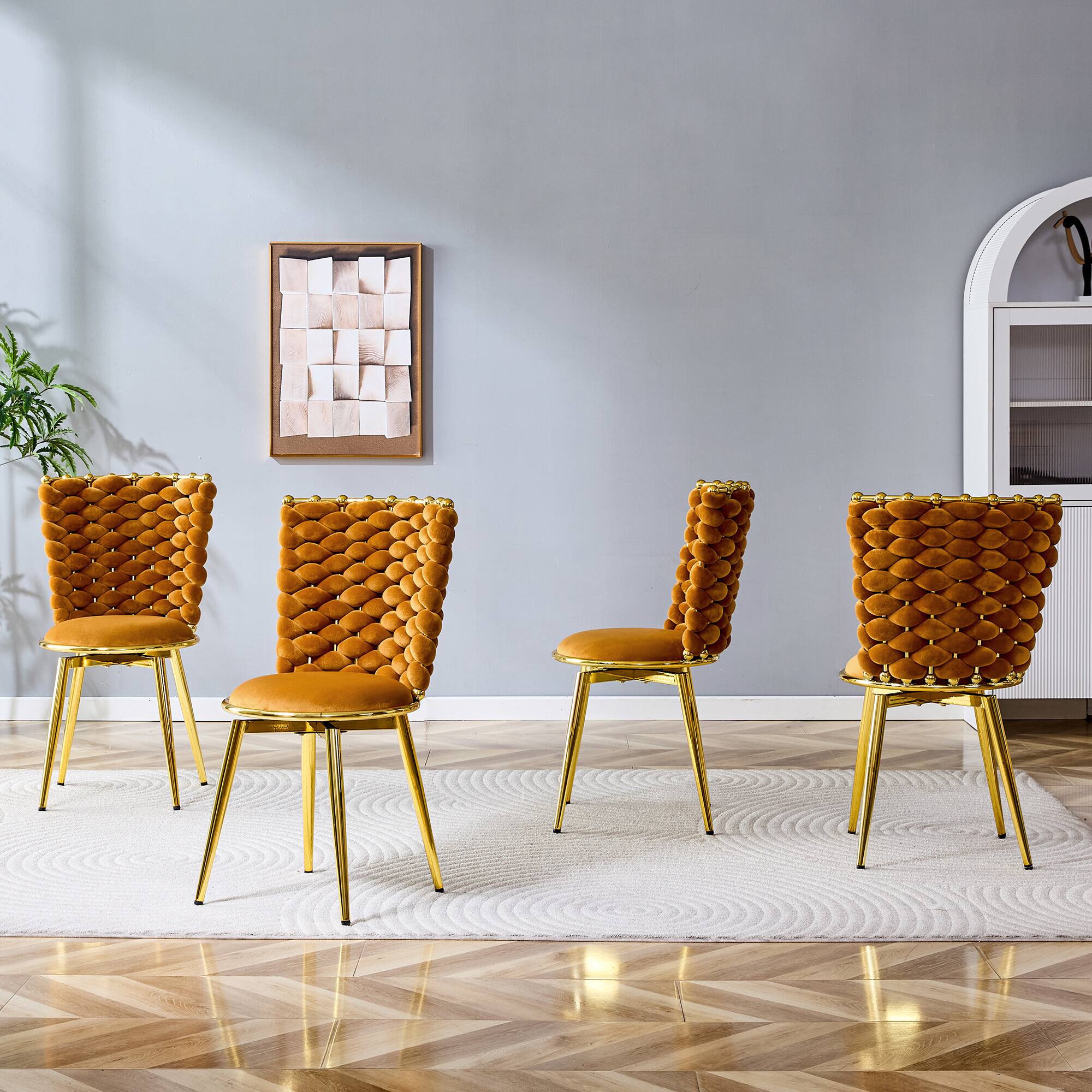 Alt View 2. Loheer - Loheer Velvet Dining Chairs Set of 2 Orange Woven Back Cushioned Accent Chairs with Gold Metal Legs 1.75 ft - Gold,Orange.