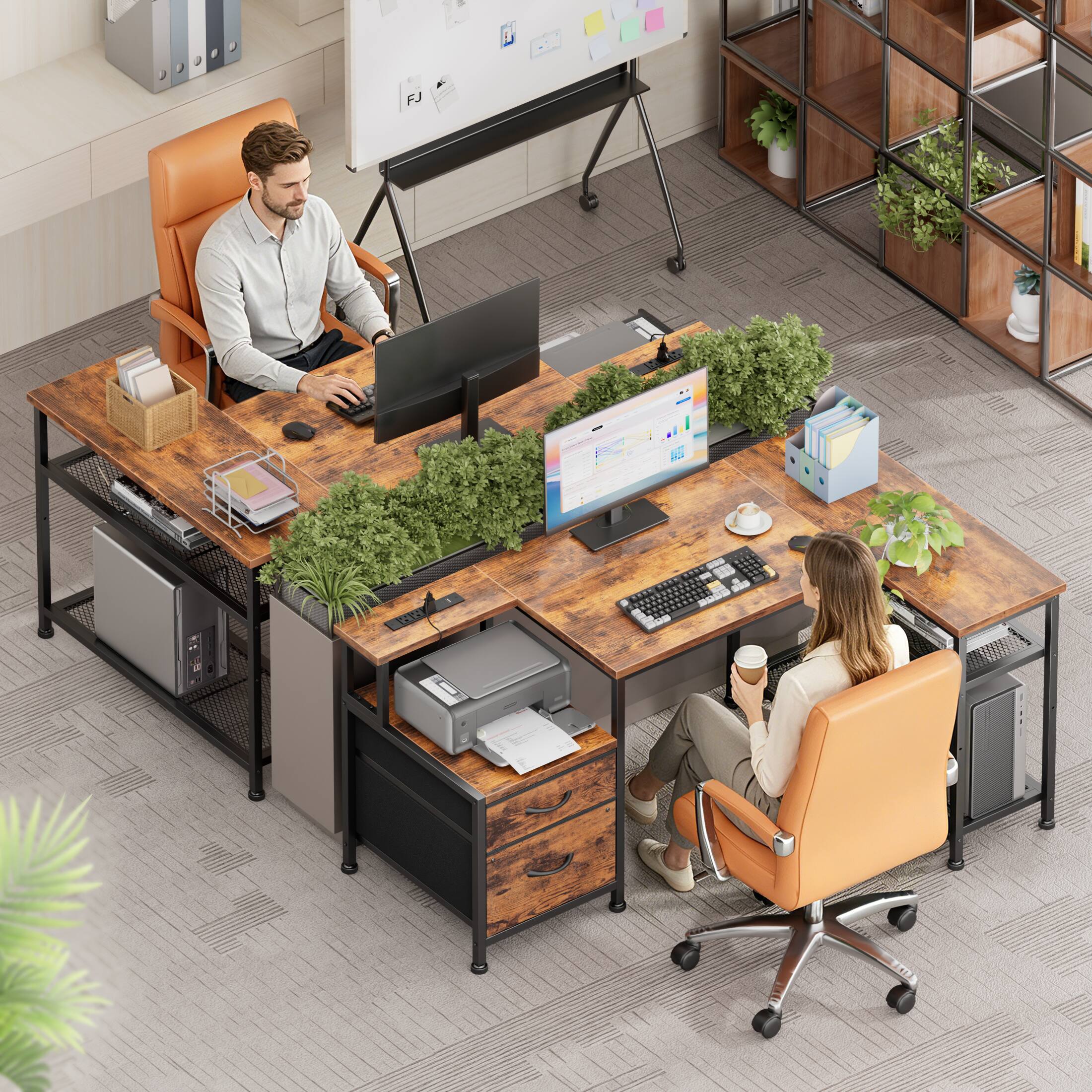 Alt View 7. Furnulem - Computer Desk With Drawers Power Outlet Gaming Desk With Storage Shelves for Home Office Desk - Brown.