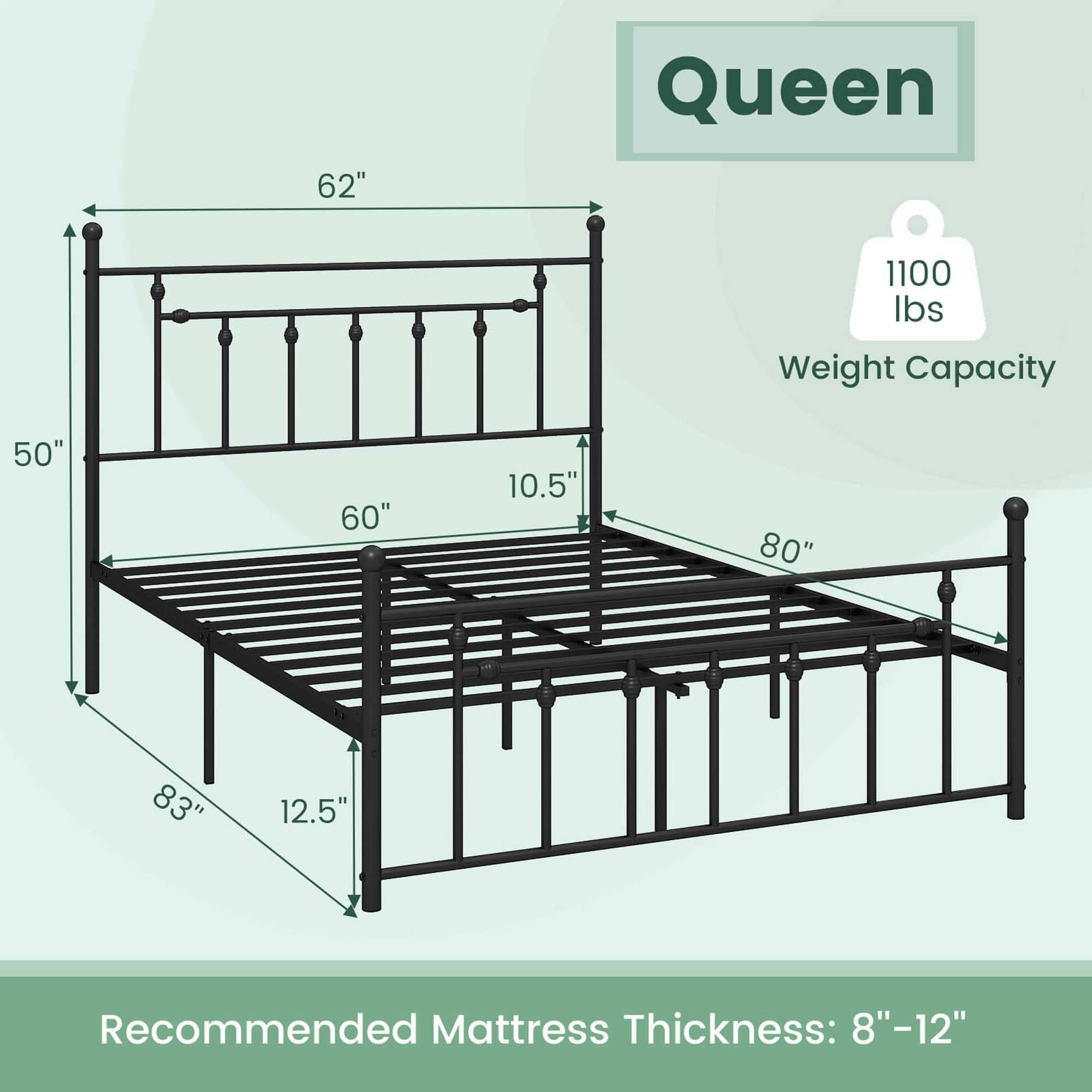 The text on the image reads: "Queen 1100 lbs Weight Capacity 50" 60" 10.5" 80" 83" 12.5" Recommended Mattress Thickness: 8"-12"."