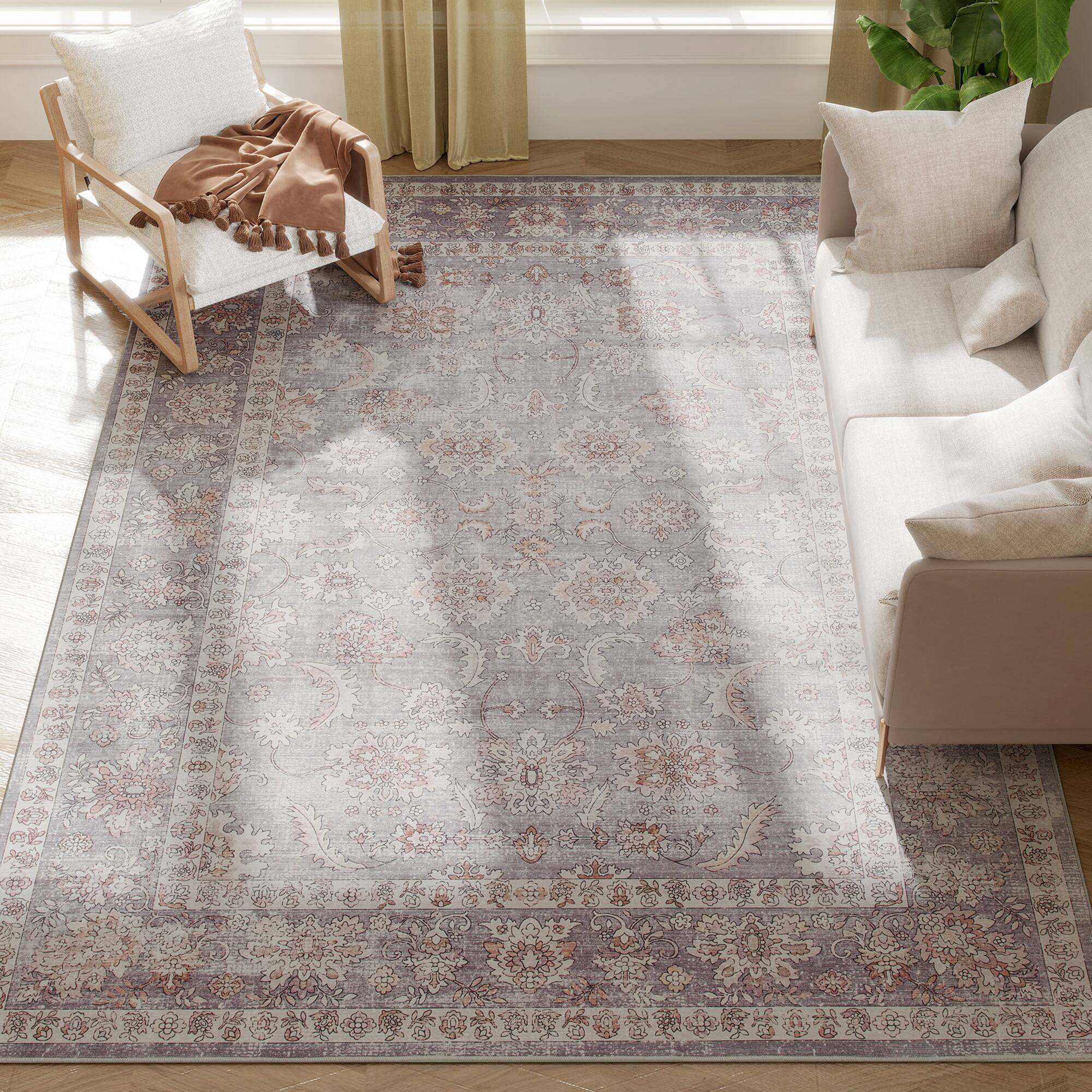 Front. Homcom - Area Rug 8x10, Machine Washable Non-Slip Traditional Flower Print Floor Cover - Grey.