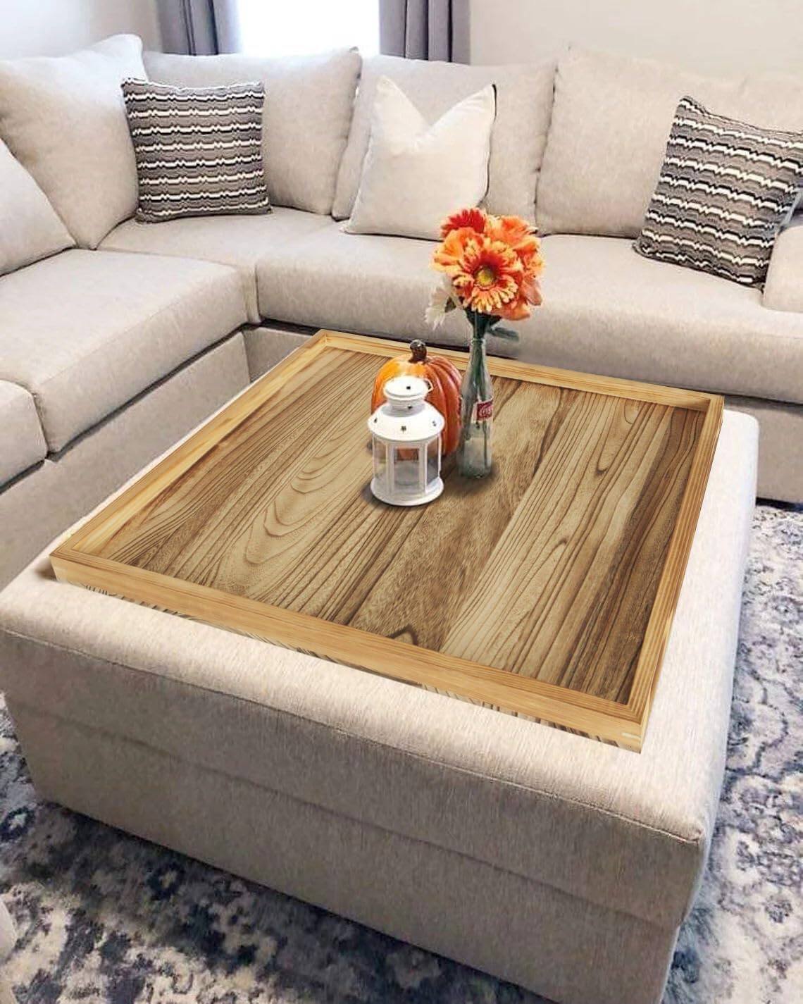 Alt View 1. JETRANSPORT - Square Ottoman Table Tray Rustic Wooden Serving Farmhouse Decorative Oversized Coffee Trays Living Room - Gray 24".