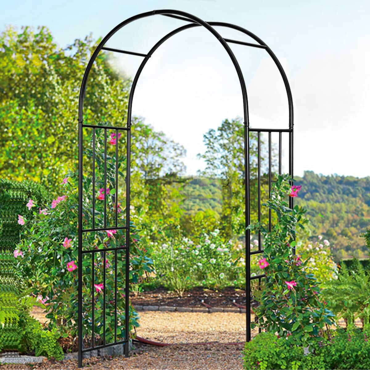 Gymax - 7.2Ft Garden Arch Steel Arbor Wedding Garden Decoration Climbing Plants w/Stakes - Black