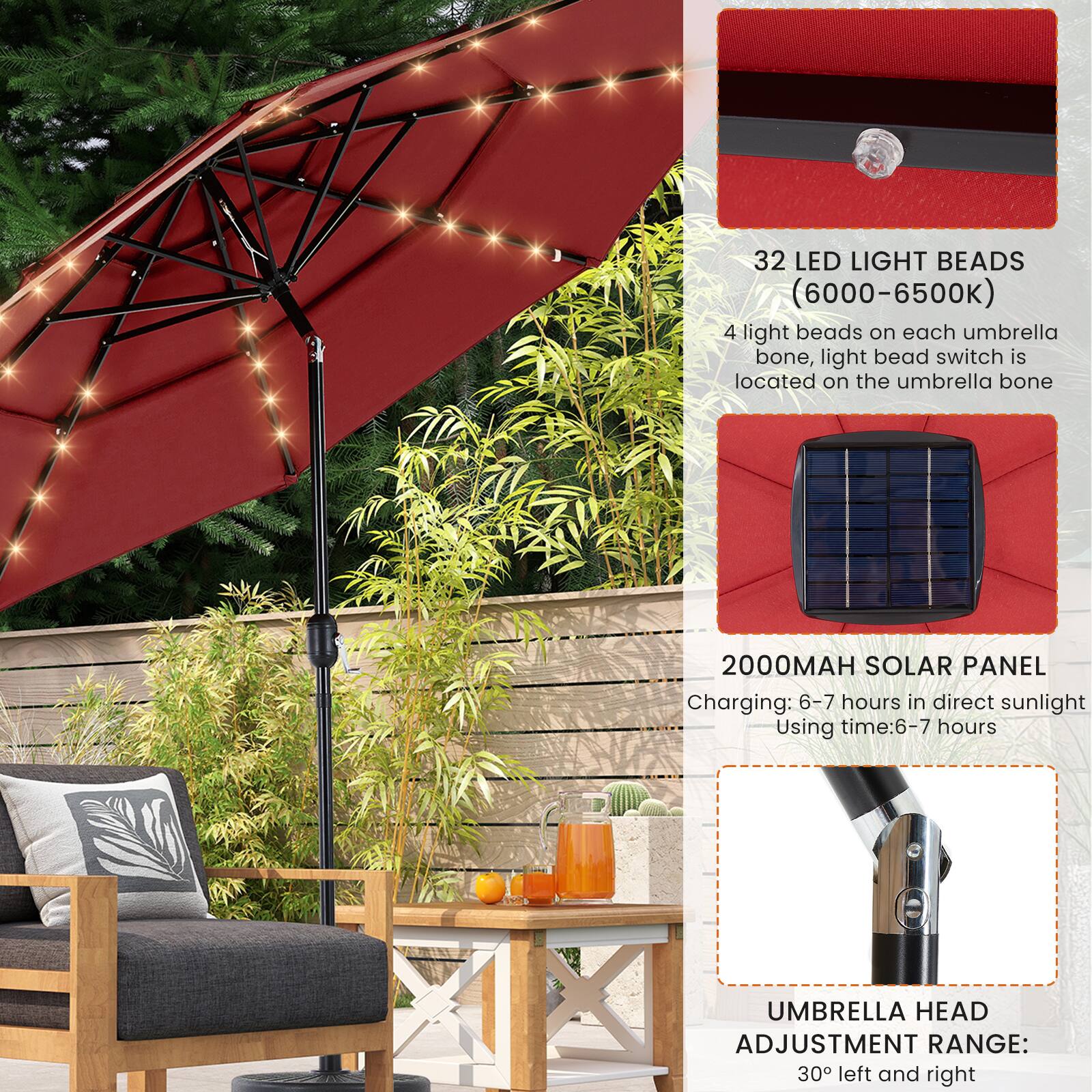 32 LED Light Beads (6000-6500K)  
4 light beads on each umbrella bone, light bead switch is located on the umbrella bone  

2000MAH Solar Panel  
Charging: 6-7 hours in direct sunlight  
Using time: 6-7 hours  

Umbrella Head Adjustment Range: 30° left and right