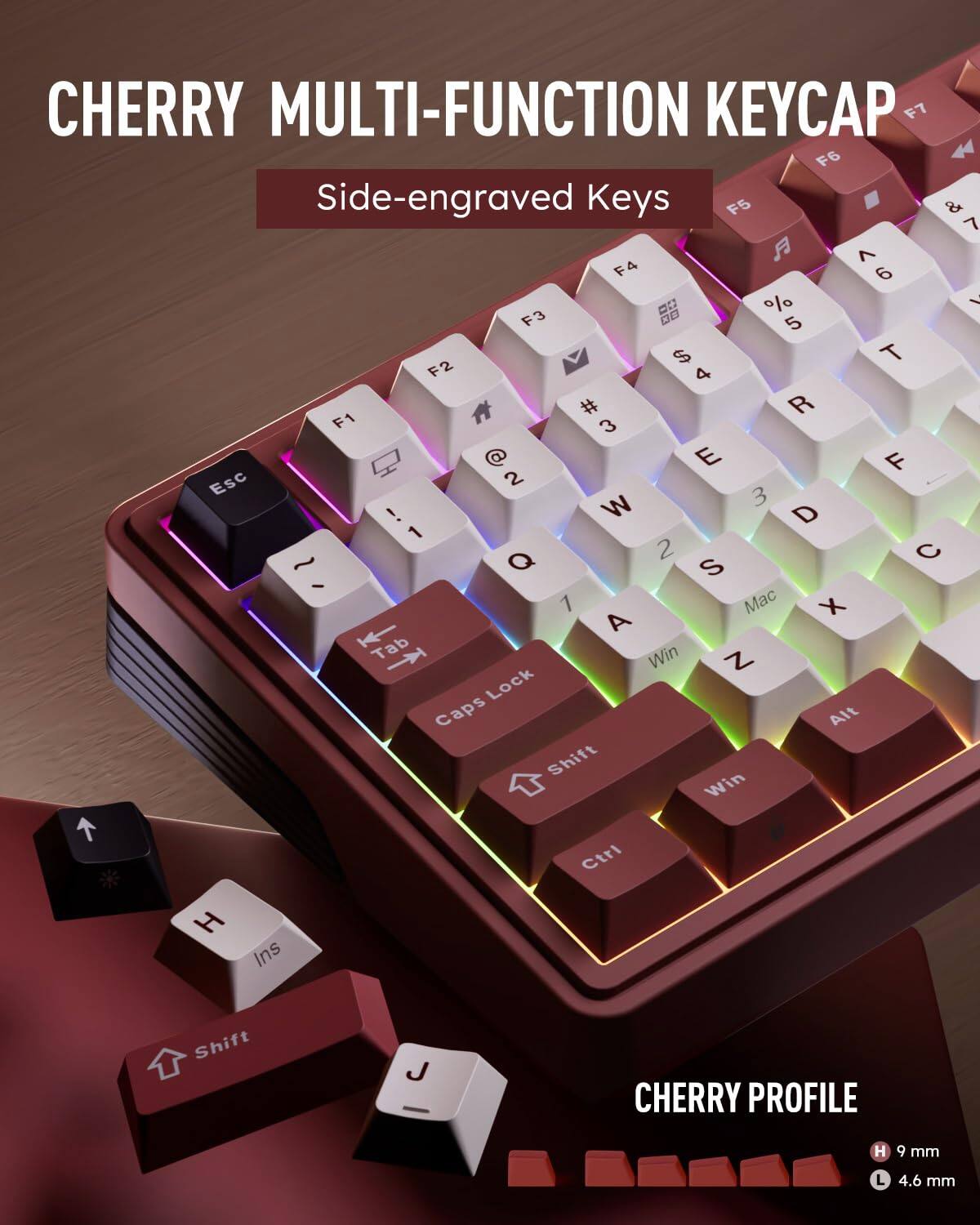 CHERRY MULTI-FUNCTION KEYCAP  
Side-engraved Keys  

CHERRY PROFILE  
H 9 mm  
L 4.6 mm