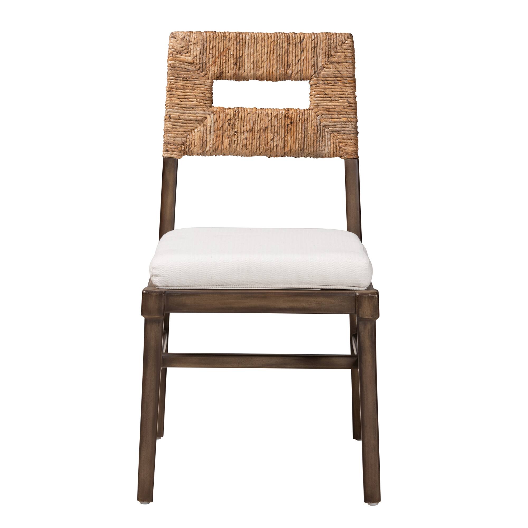 Angle. bali & pari - Porsha Modern Bohemian Finished Mahogany Wood and Natural Rattan Dining Chair - White/Natural Brown/Walnut Brown.
