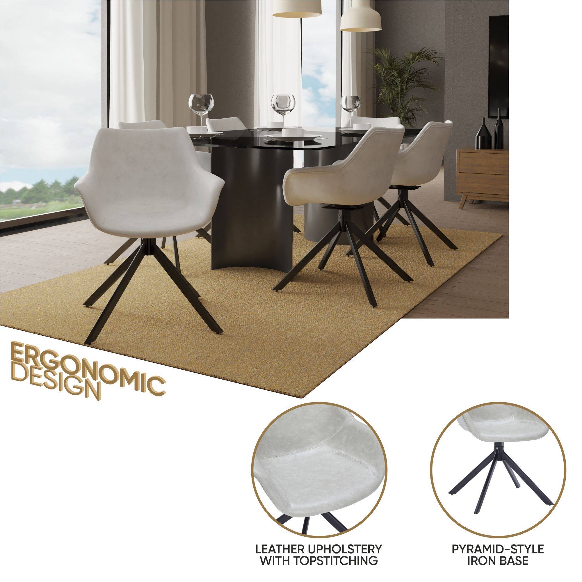 ERGONOMIC DESIGN

LEATHER UPHOLSTERY WITH TOPSTITCHING

PYRAMID-STYLE IRON BASE