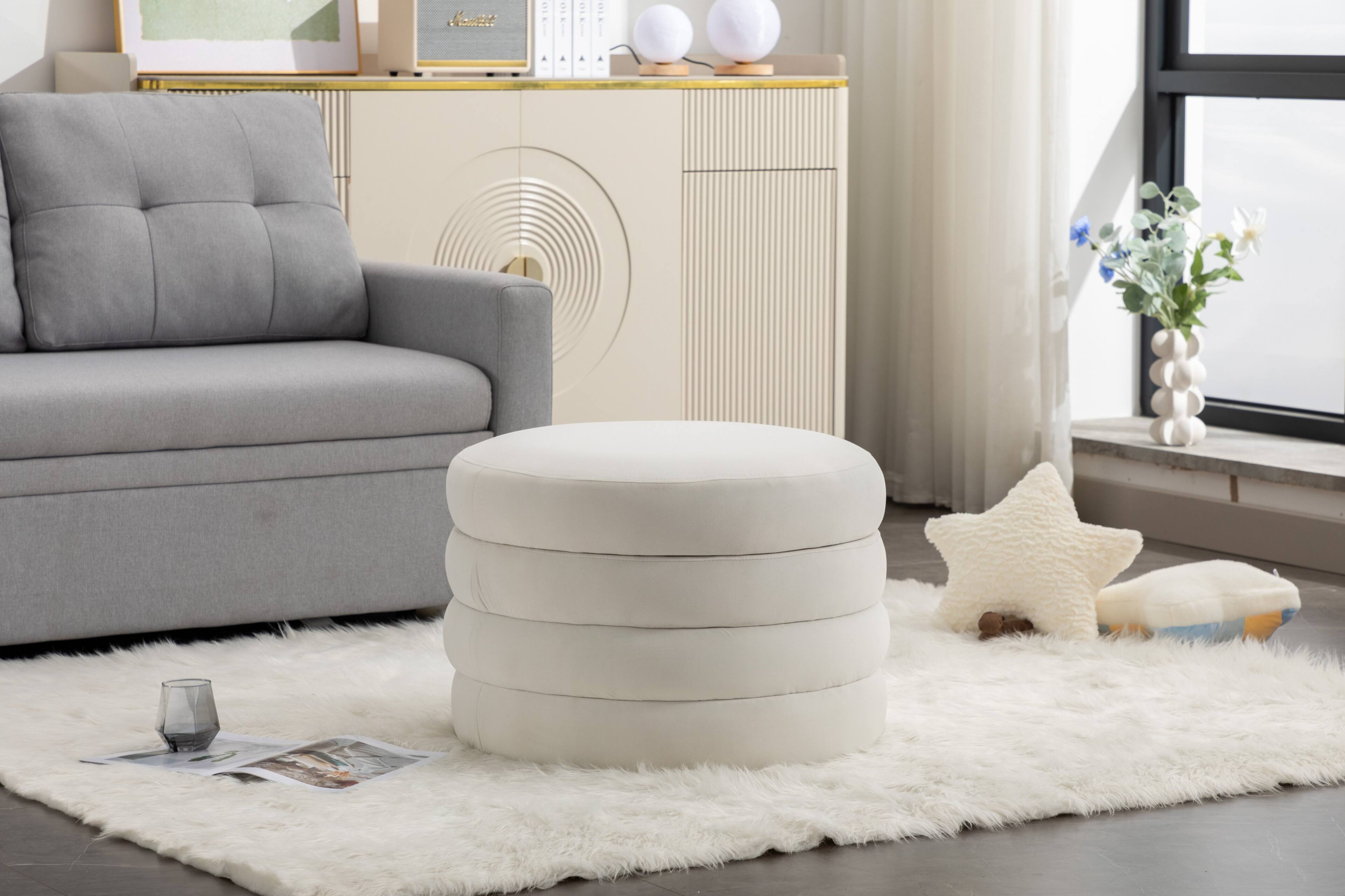 Back. GOODSILO - Soft Velvet Round Ottoman Footrest Stool with Wooden Frame for Living Room and Bedroom Comfortable Seating - Ivory.