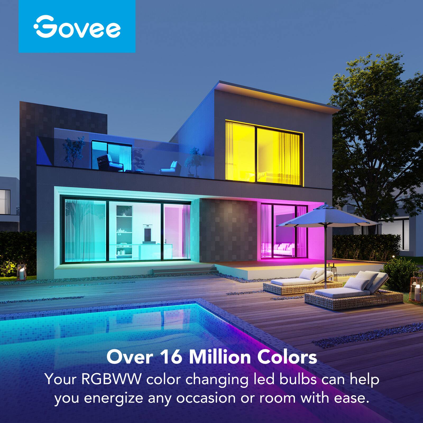 Govee offers over 16 million colors for your RGBWW color changing LED bulbs, making it easy to energize any occasion or room.