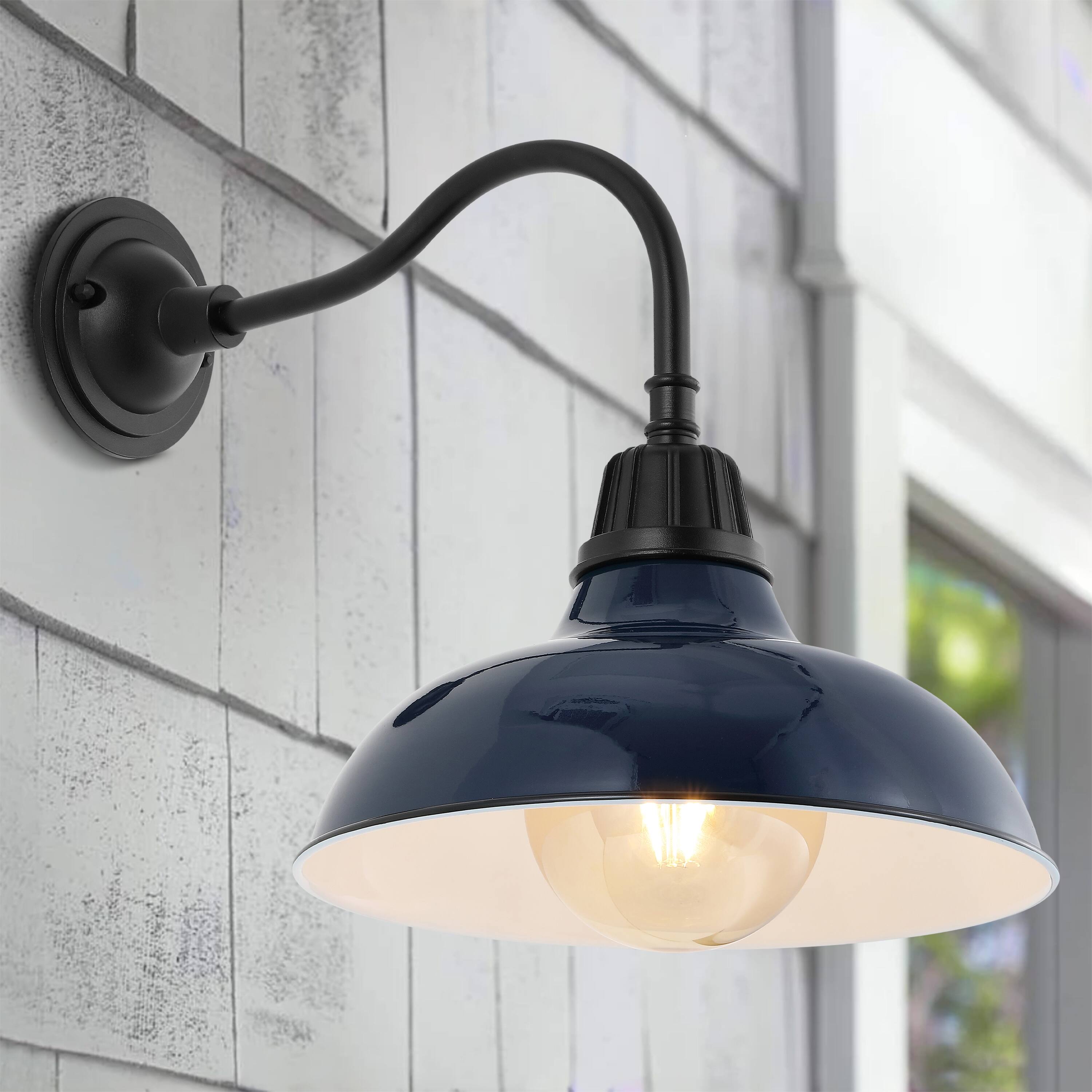 Alt View 6. Jonathan Y - Aurora 12.25" 1-Light Farmhouse Industrial Indoor/Outdoor Iron LED Gooseneck Arm Outdoor Sconce, Navy - Navy/Black.