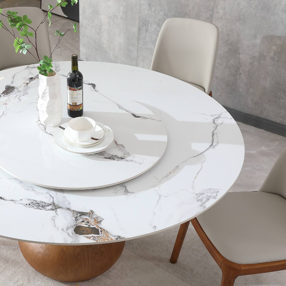 Left. Loheer - Loheer Modern Marble Dining Table, 59-Inch Round Sintered Stone Table With Lazy Susan - Walnut and White.