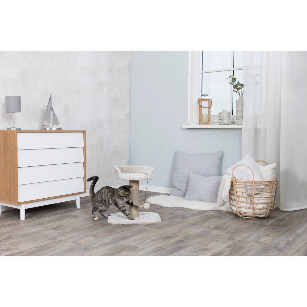 Angle. TRIXIE - Mica Sisal 18" Cat Scratching Post with Plush Platform, Light Gray-Greige - Light Gray-Greige.