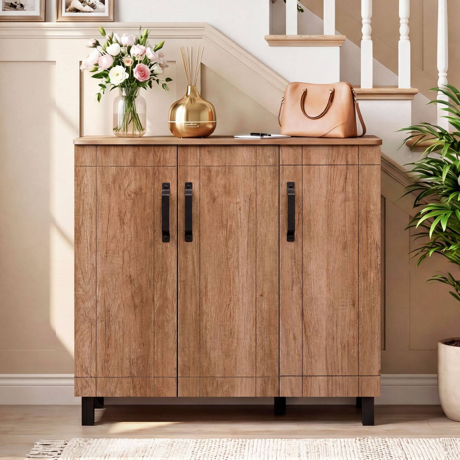 Alt View 4. Gymax - Gymax 5-Tier Shoe Storage Cabinet w/3 Doors Removable Shelves & Ventilation Hole - Brown.