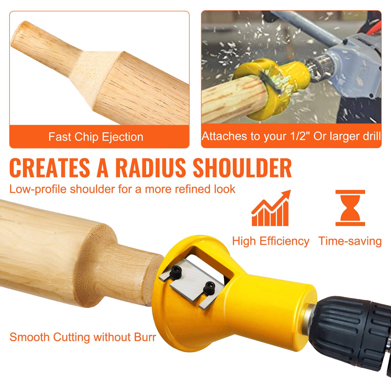 - Fast Chip Ejection
- Attaches to your 1/2" Or larger drill
- CREATES A RADIUS SHOULDER
  - Low-profile shoulder for a more refined look
- High Efficiency
- Time-saving
- Smooth Cutting without Burr