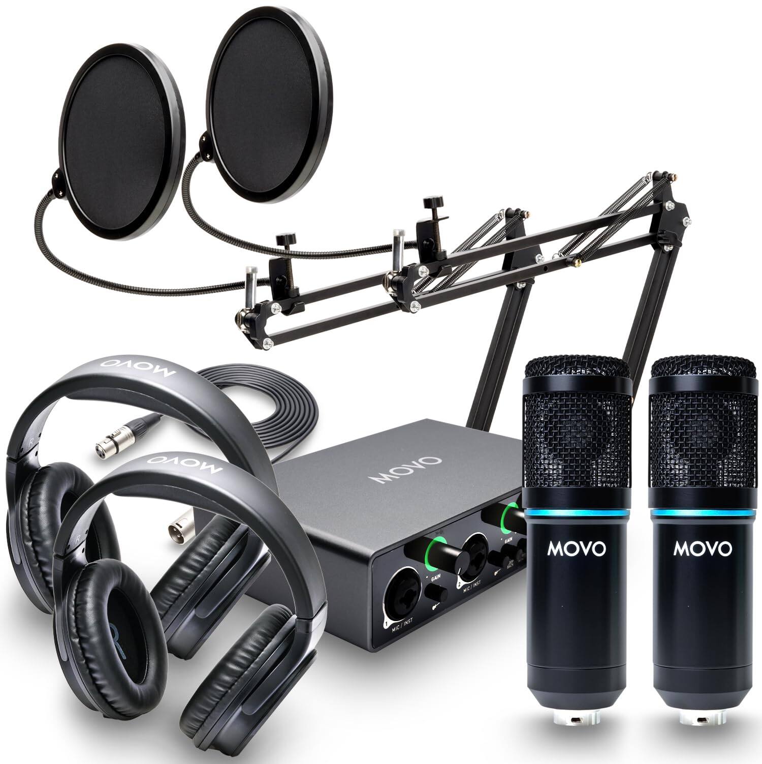 MOVO - PodKit2AH Podcast Equipment Bundle for 2 Condenser Microphone Kit with USB Audio Interface for Computers