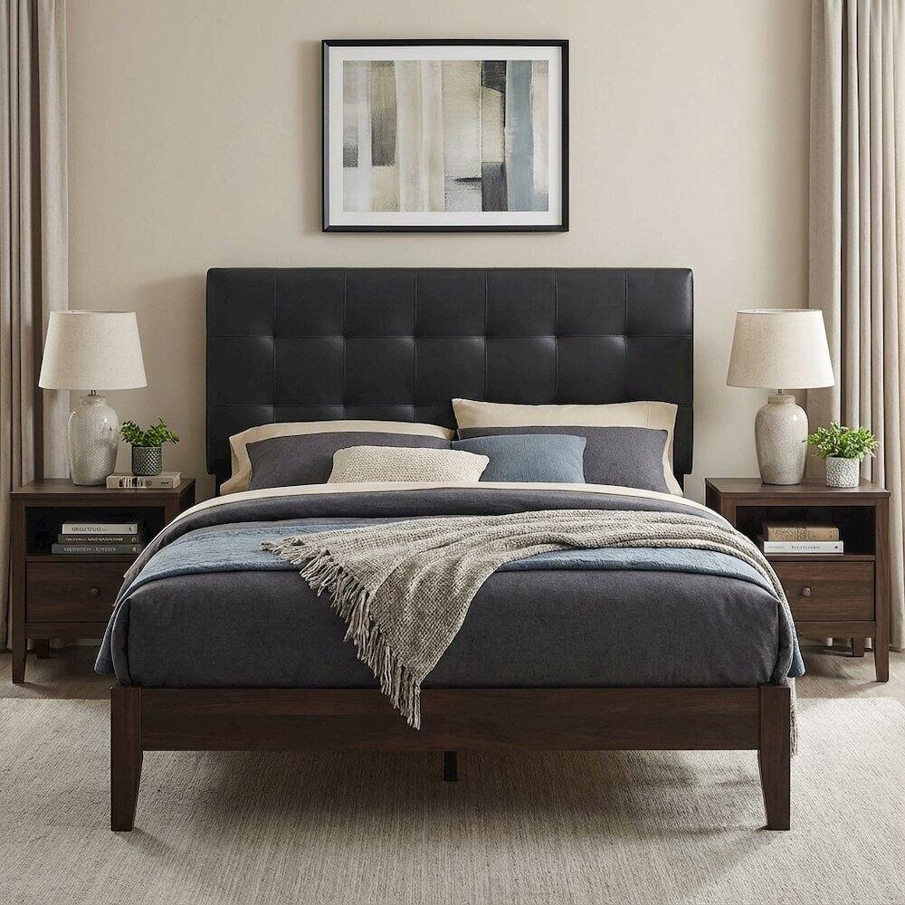 Left. FurniFact - Upholstered Vinyl Full Headboard with Smooth Finish for Bedroom Comfort - Black.
