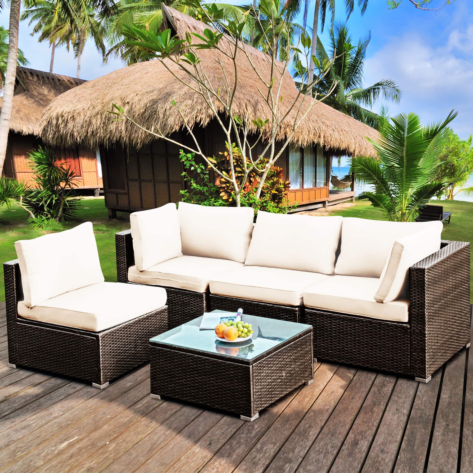 Gymax - 5PCS Rattan Patio Conversation Set Sofa Furniture Set w/ White Cushions - Mix brown price history on PriceWatchPro