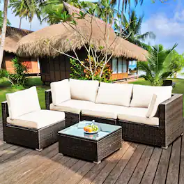 Gymax - 5PCS Rattan Patio Conversation Set Sofa Furniture Set w/ White Cushions - Mix brown