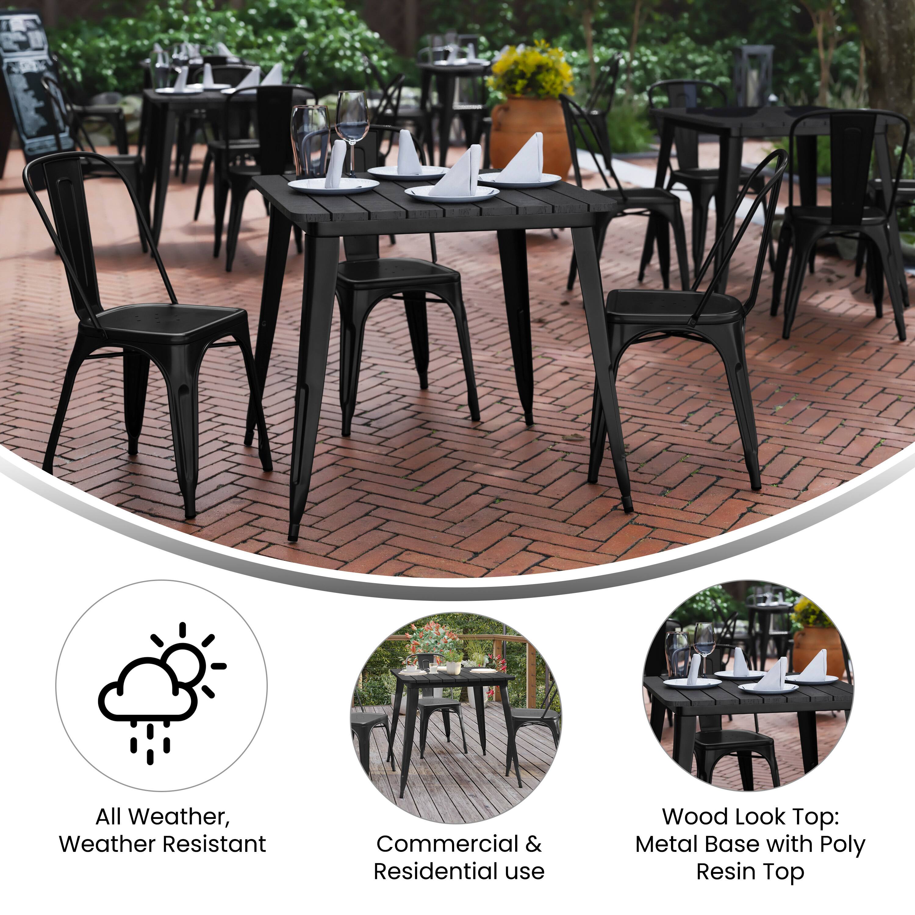 All Weather, Weather Resistant  
Commercial & Residential use  
Wood Look Top: Metal Base with Poly Resin Top