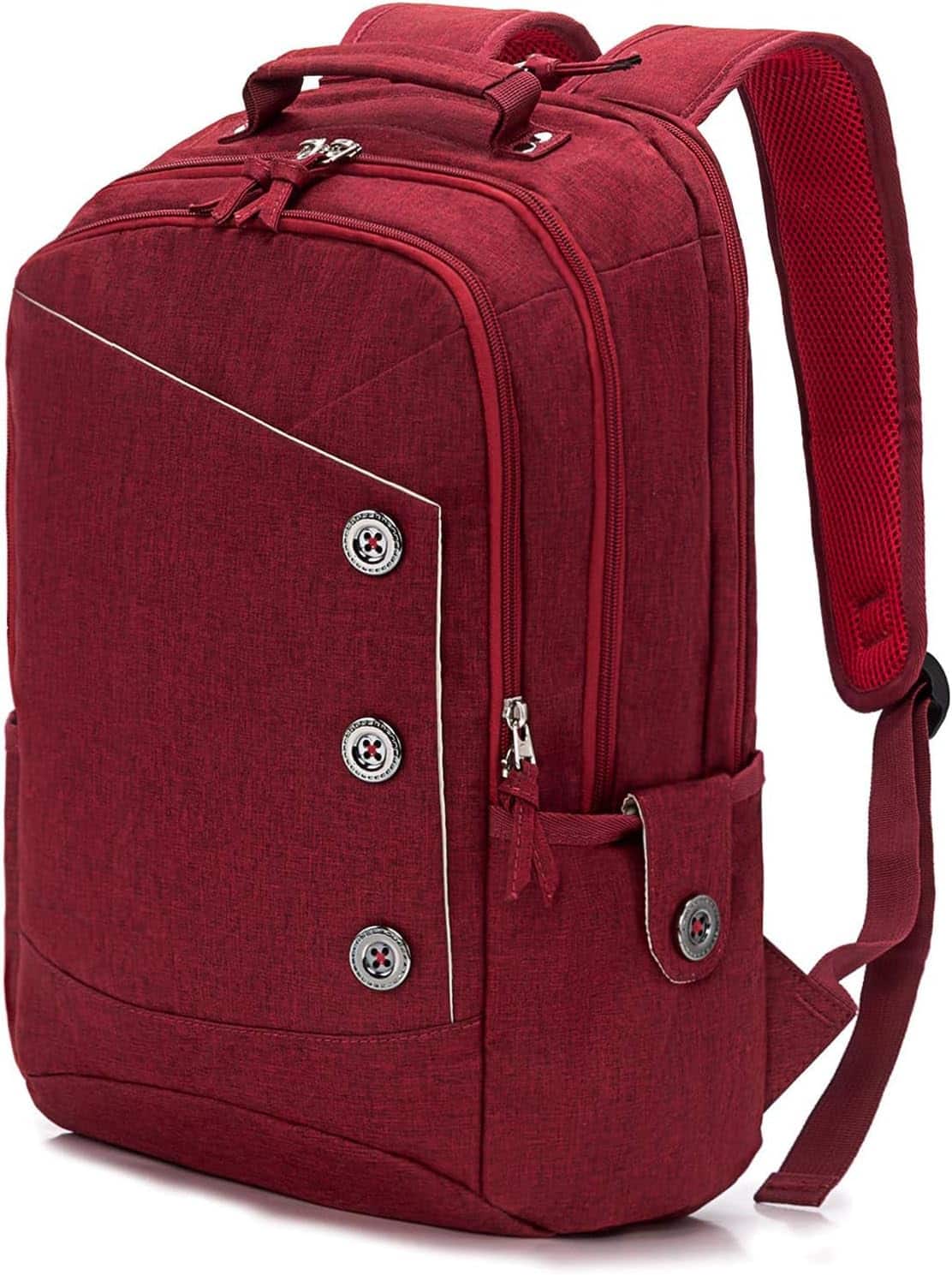Wikistore - 15.6 Inch Laptop Backpack Women Stylish Buttons Water Resistant USB Port College Travel - Red