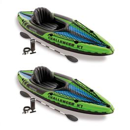Intex - Challenger K1 1-Person Inflatable Sporty Kayak w/ Oars And Pump (2 Pack) - Green