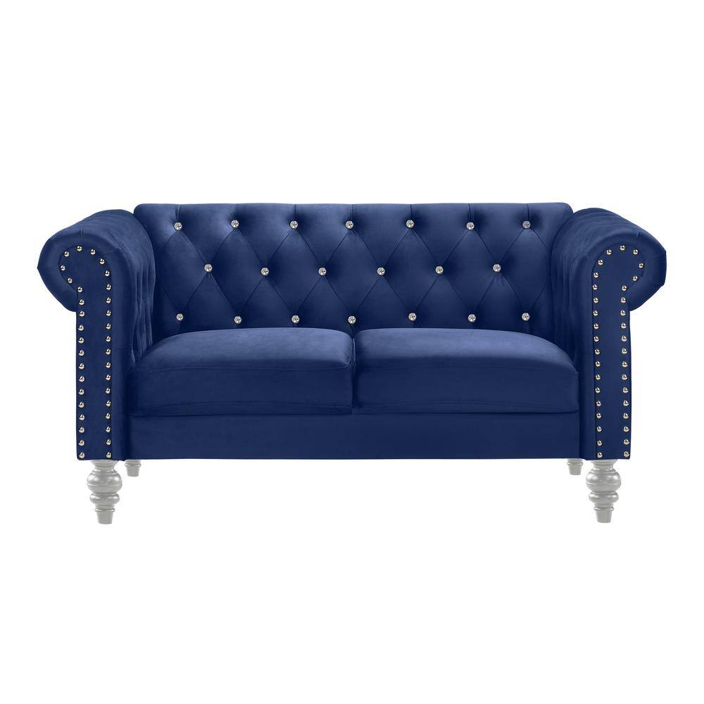 Angle. New Classic Furniture - Furniture Emma Velvet Fabric Loveseat with Rolled Arms in Royal Blue - Royal Blue.