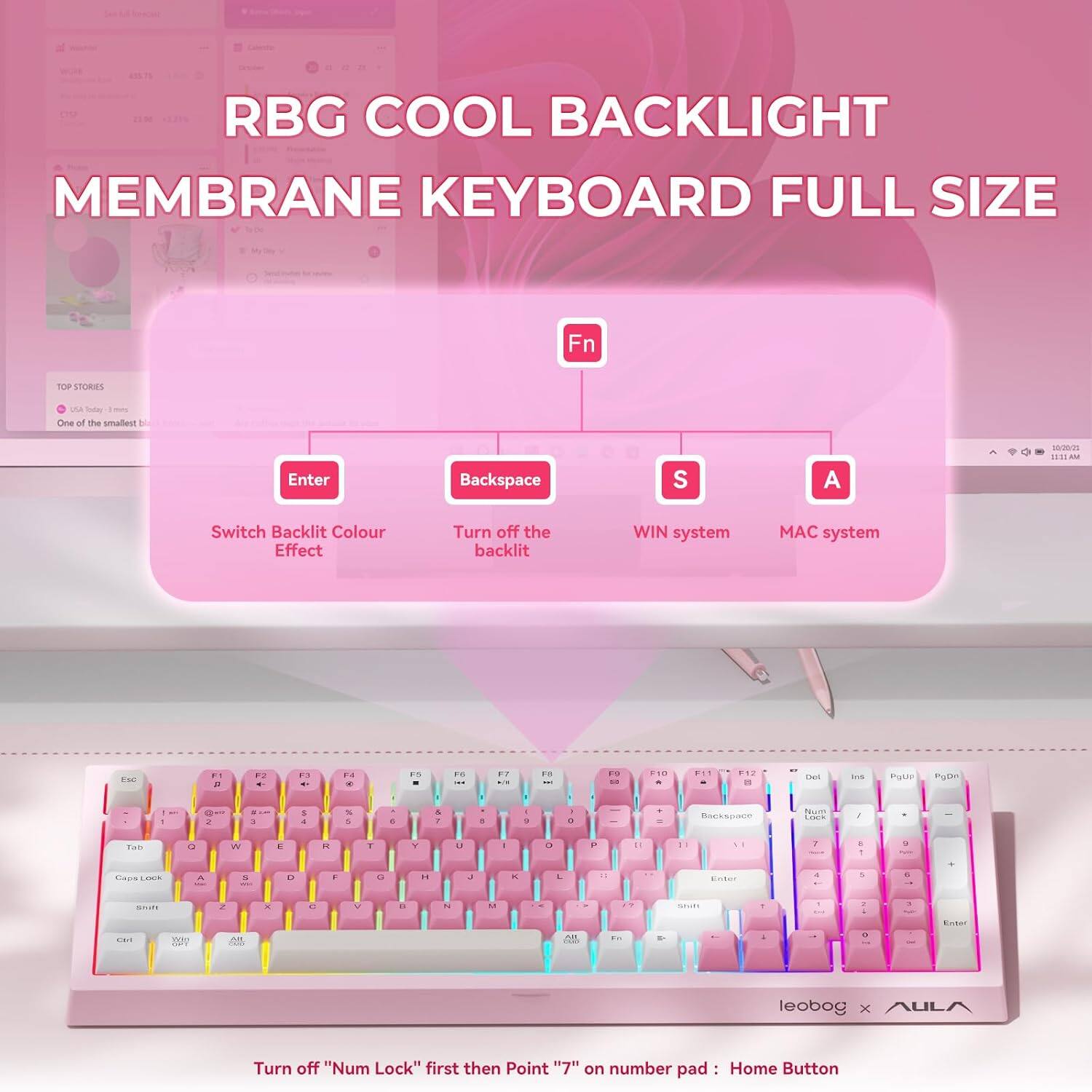 RBG COOL BACKLIGHT  
MEMBRANE KEYBOARD FULL SIZE  

Fn  
- Enter: Switch Backlit Colour Effect  
- Backspace: Turn off the backlit  
- S: WIN system  
- A: MAC system  

One of the smallest to Enter Backspace  

Turn off "Num Lock" first then Point "7" on number pad: Home Button
