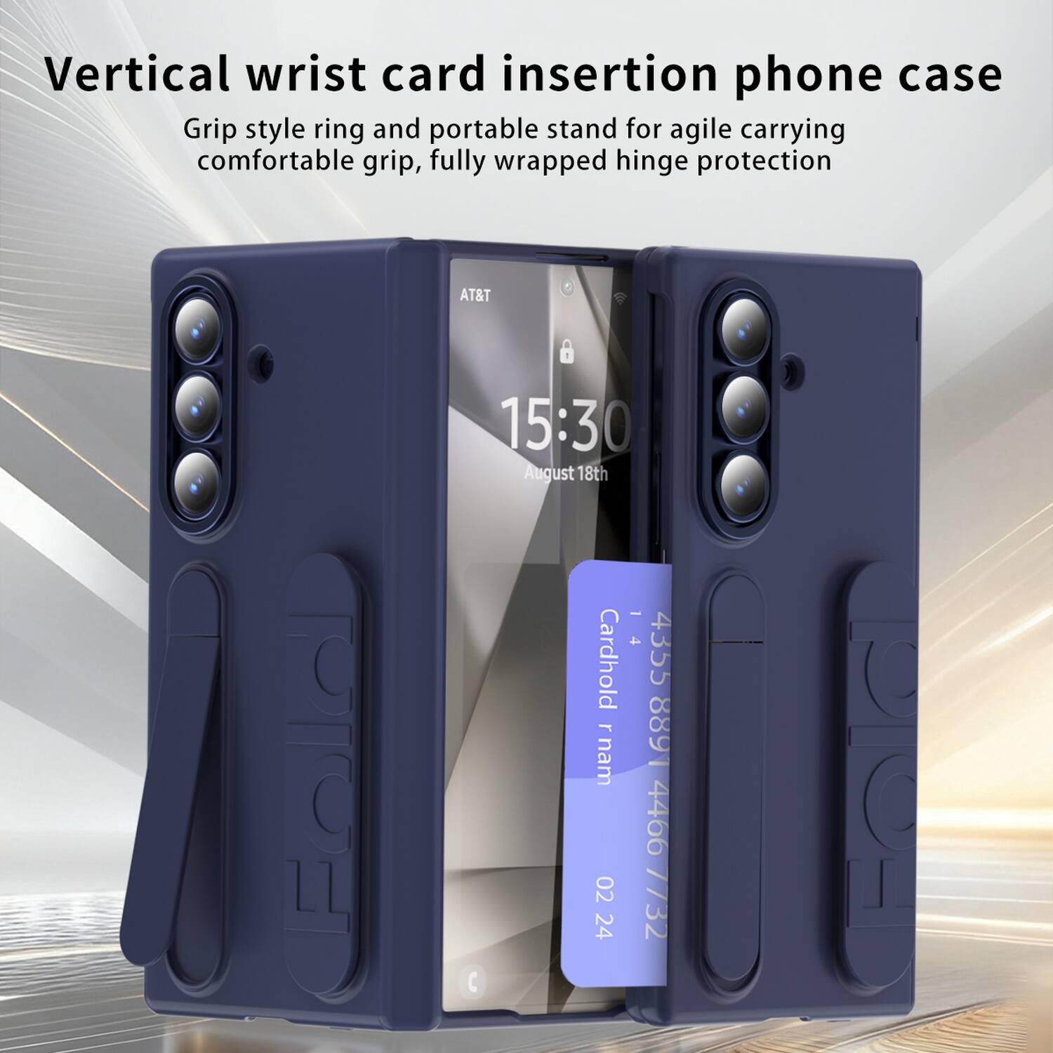 Vertical wrist card insertion phone case  
Grip style ring and portable stand for agile carrying comfortable grip, fully wrapped hinge protection  

AT&T  
15:30  
August 18th  

Cardhold  
4355 rnam 4466 02 24 7732