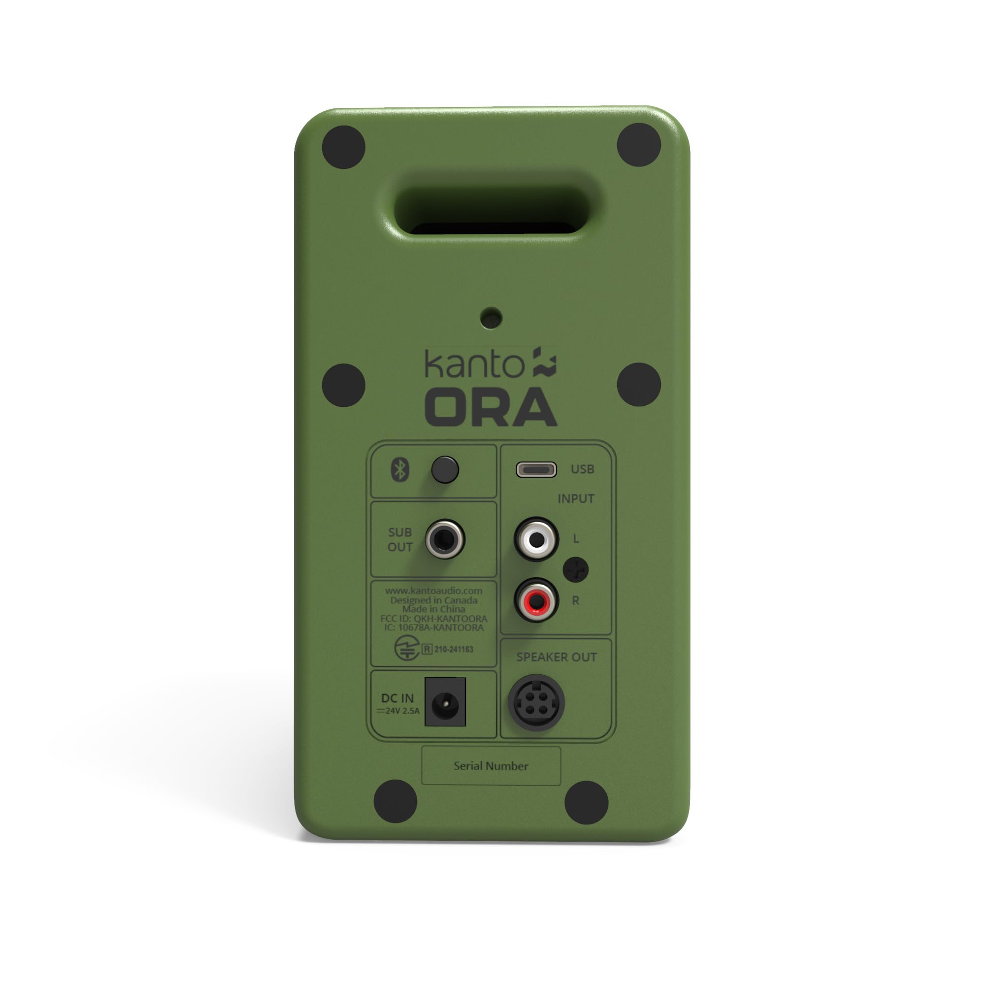 kanto ORA

USB INPUT SUB OUT L www.kantnaudio.com Designed in Canada Made in China FCC ID: ORH-KANTORA UL KANTORA A a 210-261182 SPEAKER OUT DC IN -24 2.5A Serial Number

- USB
- INPUT
  - L
  - R
- SUB OUT
- SPEAKER OUT
- DC IN = 24V 2.5A

Serial Number