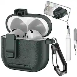 Dteck - Earphone Case for Apple Airpods 4th Gen with Phone Holder & Keychain,Leather Texture Earbuds Cover for Man Women - Armygreen