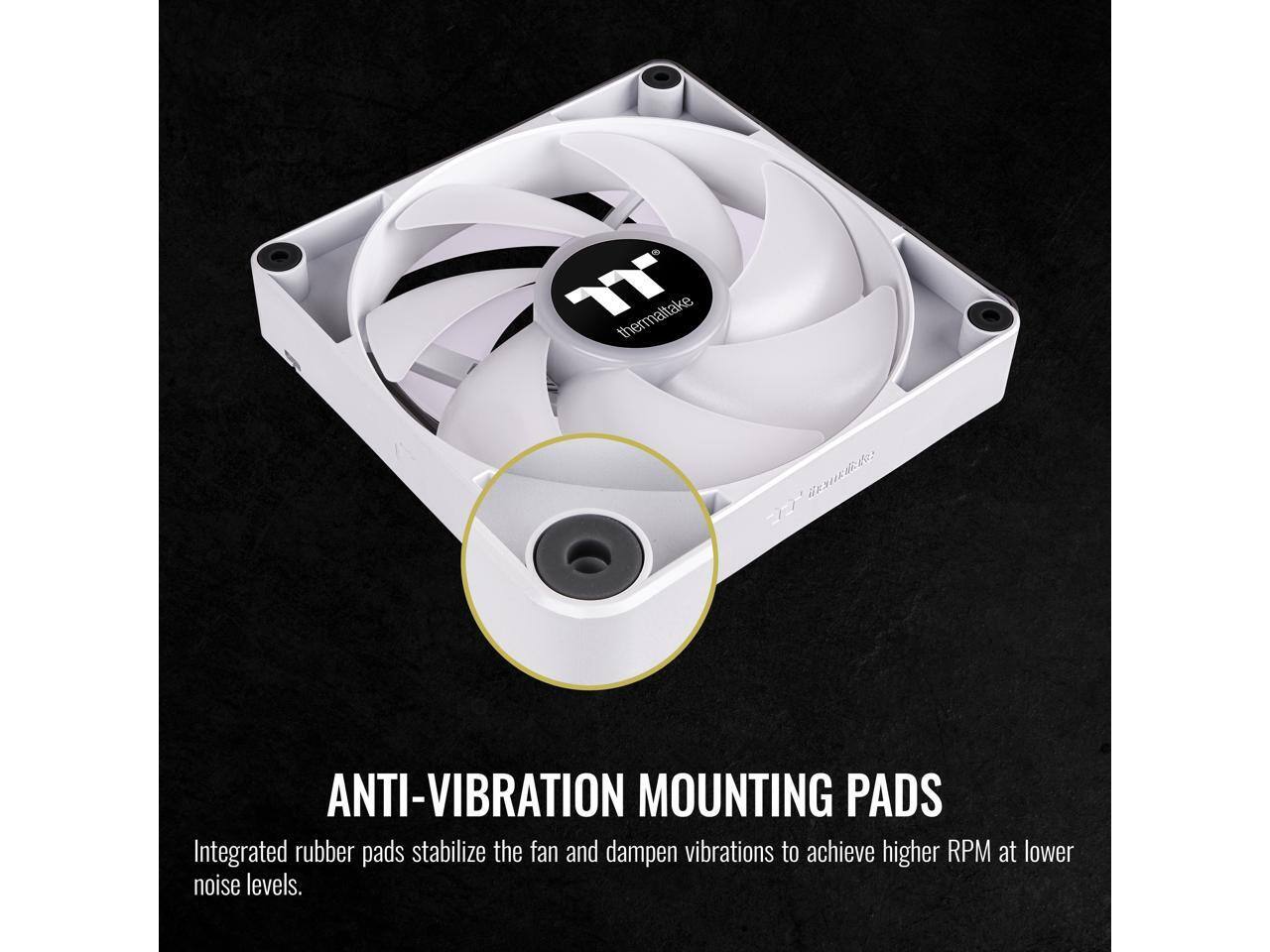 YT Thermaltake -7 Anti-Vibration Mounting Pads

Integrated rubber pads stabilize the fan and dampen vibrations to achieve higher RPM at lower noise levels.