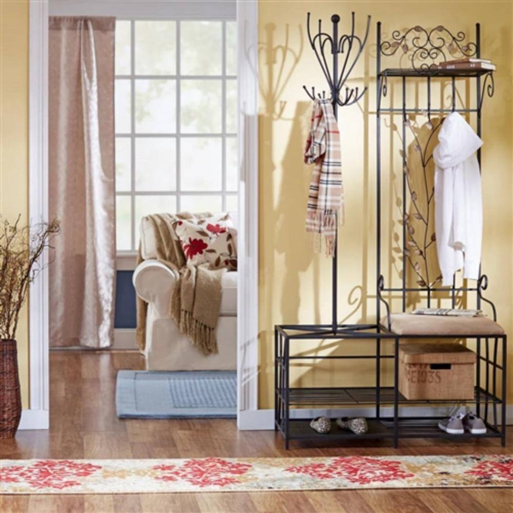 Back. Hivvago - Entryway Hall Tree Coat Rack Storage Bench with Scrolling Leaves Scrollwork - Black.