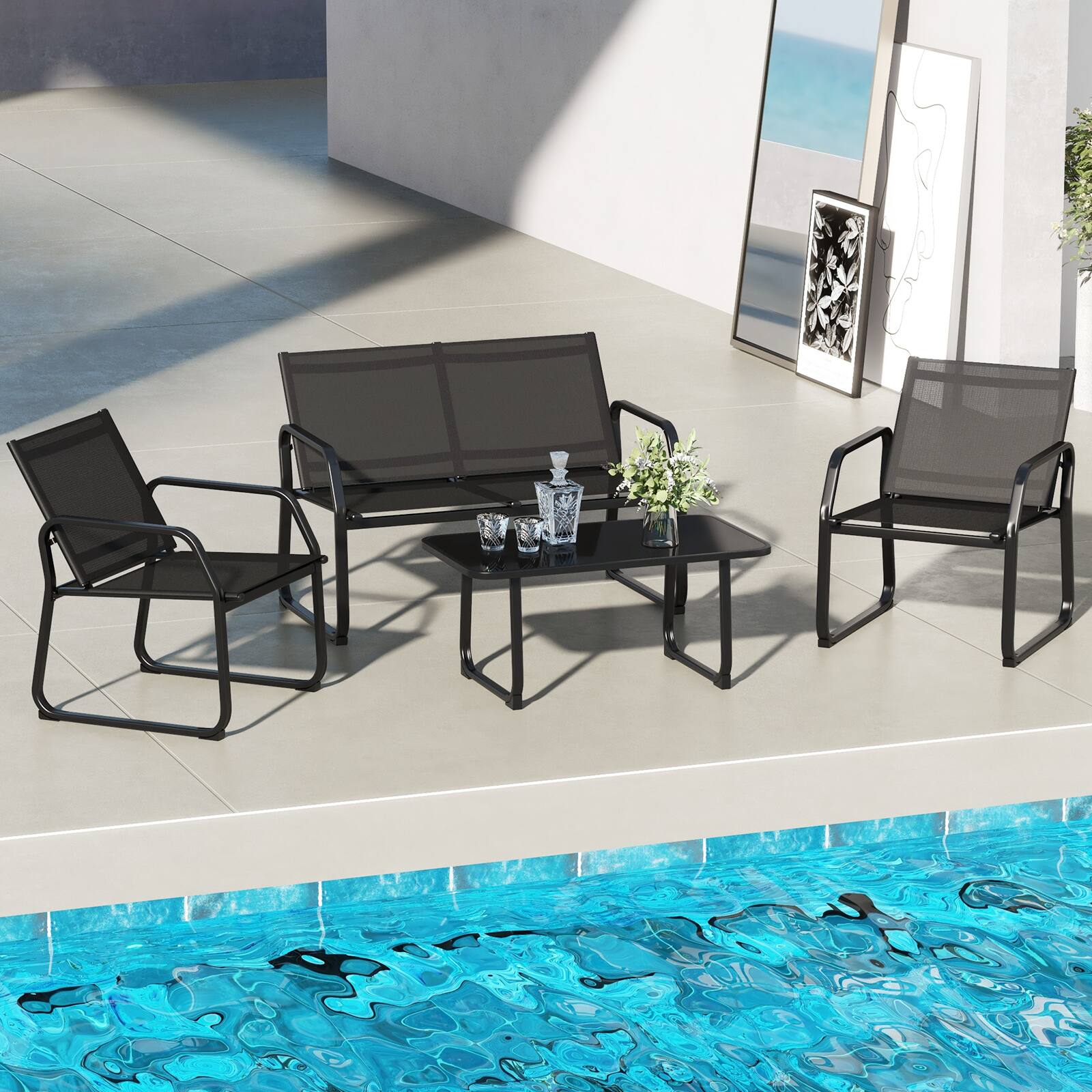 Alt View 1. Gymax - Gymax 4 PCS Patio Conversation Set w/ Breathable Fabric Seat Tempered Glass Tabletop - Black.