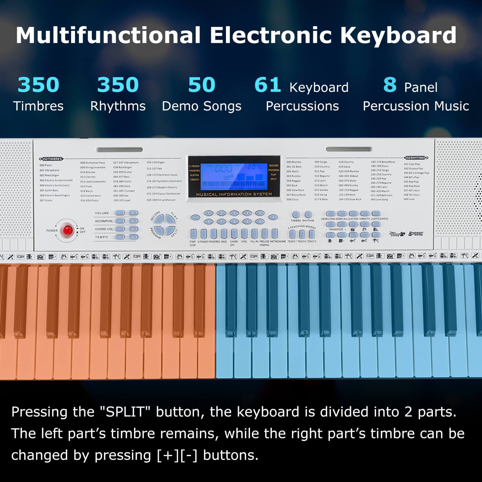 Multifunctional Electronic Keyboard

350 Timbres  
350 Rhythms  
50 Demo Songs  
61 Keyboard  
8 Panel Percussions  
Percussion Music  

Pressing the "SPLIT" button, the keyboard is divided into 2 parts. The left part's timbre remains, while the right part's timbre can be changed by pressing [+] [-] buttons.