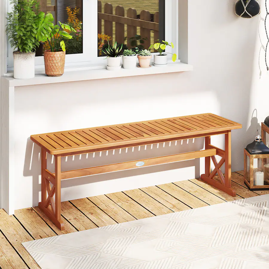 Gymax 51 Inches Acacia Wood Outdoor Bench w/ Slatted Seat & X Shaped ...